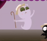 a cartoon of a ghost holding a cane in front of a bat