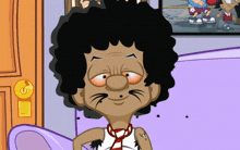 a cartoon of a man with a cat 's nose and a tattoo on his arm