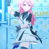 a girl with pink hair is standing in front of a sign that says " open "