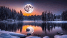 a full moon is reflected in a lake surrounded by snowy trees .