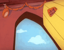 a cartoon drawing of a house with a pool and sausages on the wall