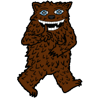 a cartoon drawing of a brown bear with blue eyes and big teeth