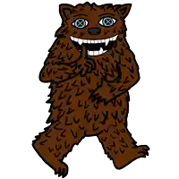 a cartoon drawing of a brown bear with blue eyes and big teeth