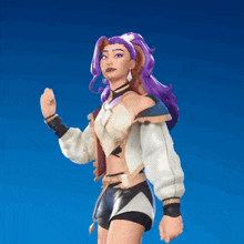 a cartoon character with purple hair and a white jacket