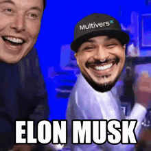a man wearing a hat that says multiverse is smiling next to elon musk