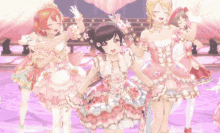 a group of anime girls in pink and white dresses