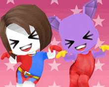 a girl and a purple bunny are dancing together