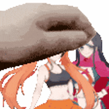 a pixel art of a hand holding a woman 's face