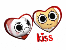 two hearts with faces inside of them and the word kiss below them