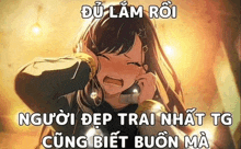 a girl is crying while talking on a cell phone in a foreign language .