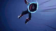 captain america is flying through the air holding a shield