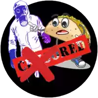 a cartoon of a taco and a man wearing a gas mask with a red cross that says censored