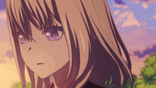 a girl with blonde hair and purple eyes looks at the camera