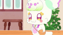 a cartoon drawing of a white cat with a purse on its shoulder