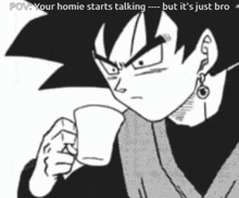 a black and white drawing of a man drinking a cup of coffee