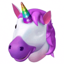 a cartoon unicorn with a rainbow horn and purple mane