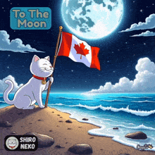 a cartoon of a cat holding a canadian flag with the words to the moon behind it