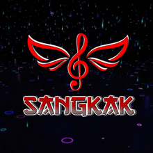 a logo for sangkak with a treble clef and wings on a dark background