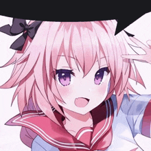 a girl with pink hair and purple eyes is wearing a sailor uniform and giving the peace sign .