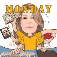 a cartoon drawing of a woman holding a book and the word monday behind her