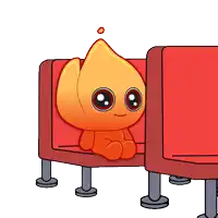 a cartoon character is sitting in a chair with a red cushion