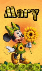 a cartoon of minnie mouse holding a sunflower with the name mary