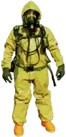 a man wearing a yellow chemical suit with a gas mask