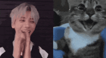 a man is smiling next to a picture of a cat that is yawning .