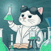a cat in a lab coat and goggles is holding a beaker of green liquid .