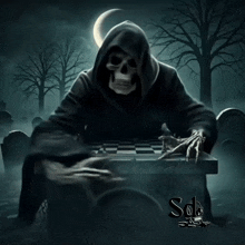 a grim reaper is playing a game of chess in a dark cemetery