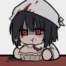 a drawing of a girl with red eyes eating a pie with a fork