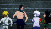 a group of anime characters are running down some stairs