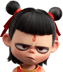 a cartoon character with a red flame on his forehead looks angry