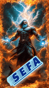 a painting of zeus with a sefa sticker on the bottom