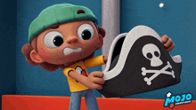 a cartoon character holding a pirate hat with a skull and crossbones design