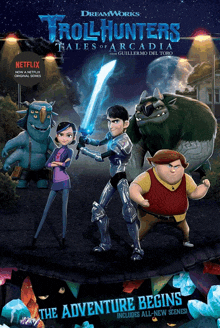 a poster for trollhunters tales of arcadia shows a group of characters