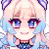 a pixel art drawing of a girl with purple hair and blue eyes