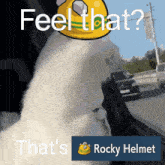 a picture of a cat with the words feel that that 's rocky helmet on it