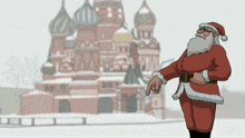 a cartoon drawing of santa pointing at something