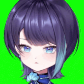 a close up of a girl 's face with purple hair and blue highlights