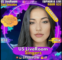 an advertisement for us live room singers shows a woman 's face