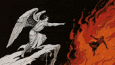 a black and white drawing of an angel pointing at a man falling into hell