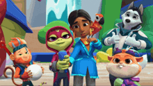a group of cartoon characters including a monkey and a squirrel