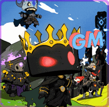 a cartoon drawing of a knight with a crown and the word gm below it
