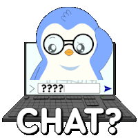 a penguin with glasses is sitting in front of a laptop with the words chat written below it