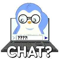 a penguin with glasses is sitting in front of a laptop with the words chat written below it