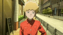 a cartoon character in a red shirt is standing on a sidewalk