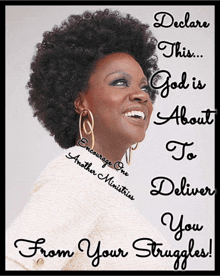 a picture of a woman with the words " declare this god is about to deliver you from your struggles "