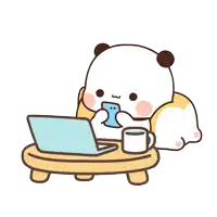 a cartoon of a panda bear sitting at a table with a laptop and a cup of coffee