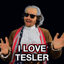 a man in a wig is wearing sunglasses and headphones and says i love tesler